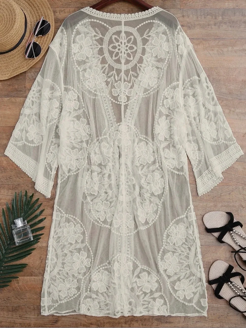 Zaful White Floral Lace Sheer Swim Coverup Kimono